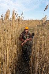 Mature man hunter with gun while walking on field.