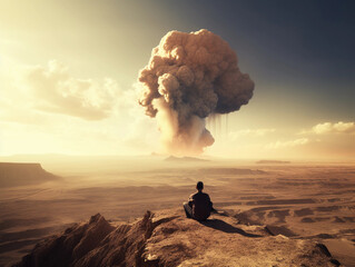 person on the top of the mountain watching an explosion