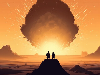 silhouette of a person in the desert watching an explosion