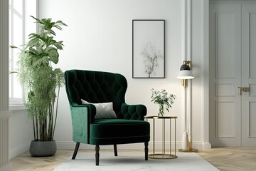 cozy living room featuring a green velvet chair and a vibrant potted plant. Generative AI