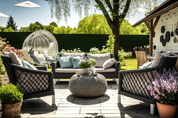 A trendy wooden terrace with wicker outdoor chairs, cushions, plants, and flowers is a great place to unwind on a sunny summer day. Generative AI