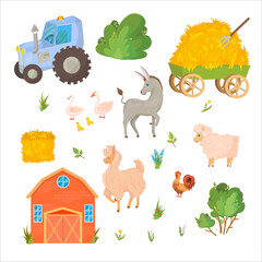 Donkey, Llama or Alpaca, Sheep, Tractor. Farm animals and buildings. Hay. Tractor. Barn. Cattle breeding Vector illustration isolated on white background.
