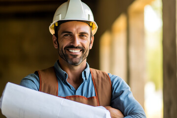 Smiling constructor worker wearing a hard hat and holding blueprints, constructor worker, builder, Labor Day Generative AI