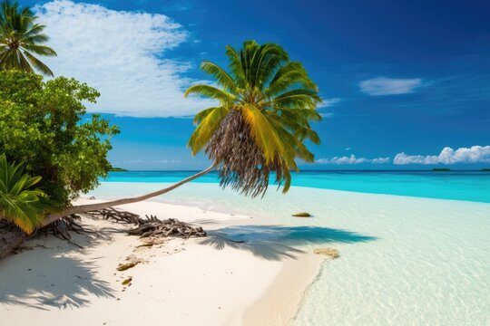 A tropical islands beach paradise sun, sky, white clouds, lovely caribbean scenery, summer vacations, vacation, trip. Generative AI