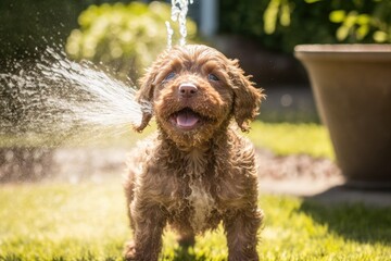 A brown puppy is outdoors playing with a water sprinkler on a hot summer day. The dog is relaxing while doing so. Generative AI
