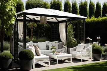 A verandah with modern garden furniture is shown. Generative AI - obrazy, fototapety, plakaty