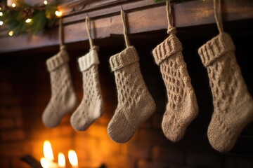 A close - up shot of a fireplace mantle adorned with a row of colorful and festive stockings. Generative AI