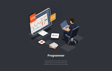 Software Development Coding Process. Programmer Web Developer Coding App For Trading using PHP Programming Language. Screen With Chart And Script. Man Coder Engineer. Isometric 3d Vector Illustration