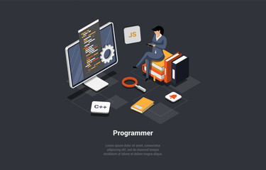 Software Development Coding Process. Programmer Web Developer Coding App Using Java Script Programming Language. Screen With Chart And Script. Woman Coder Engineer. Isometric 3d Vector Illustration