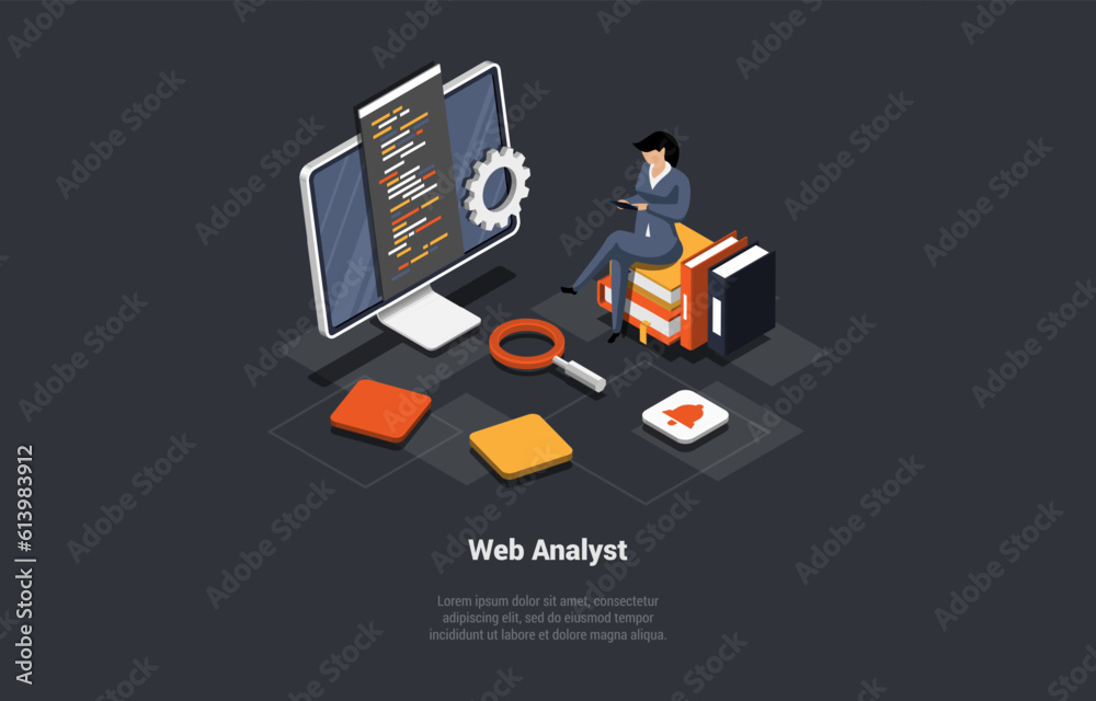 Poster concept of testing, data analysis, debugging. seo web analyst woman marketer analyzing data and diag
