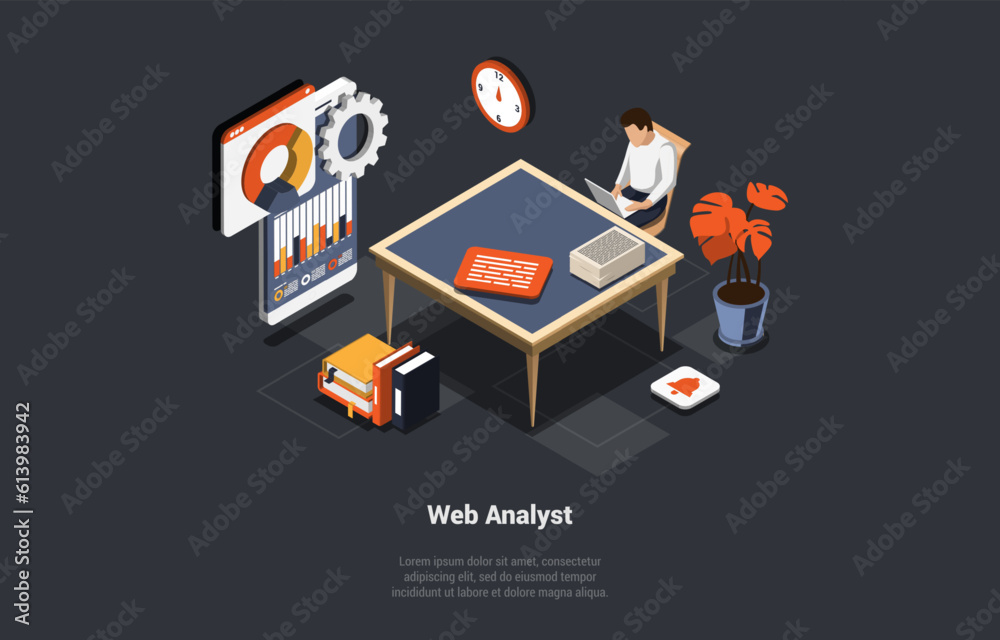 Poster concept of testing, data analysis, debugging. seo web analyst man marketer analyzing data and diagra