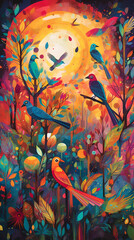 Obraz na płótnie Canvas Birds with Flowers Abstract Garden