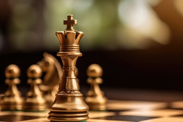 A close - up shot of a gold queen chess piece, standing confidently on a chessboard.  Generative AI
