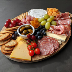 charcuterie, cheese, various snacks on a wooden board