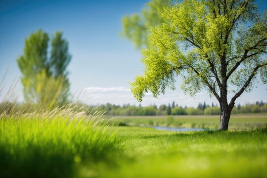Beautiful springtime nature background image with well-kept grass and trees in the foreground and a cloudy blue sky in the distance. Generative AI