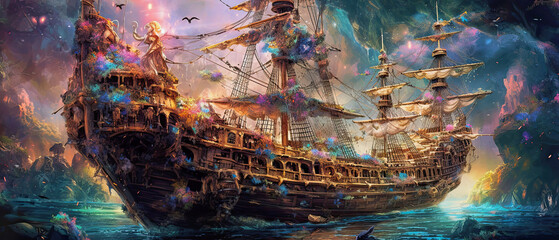 fairytale pirate ghost ship, generative midjourney ai illustration