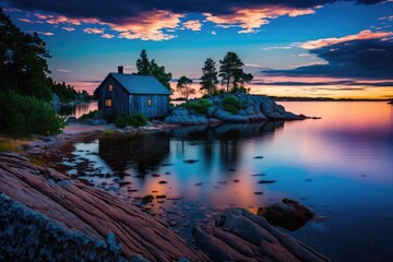 Fototapeta premium A colorful sunset on the Swedish coast. Generative AI