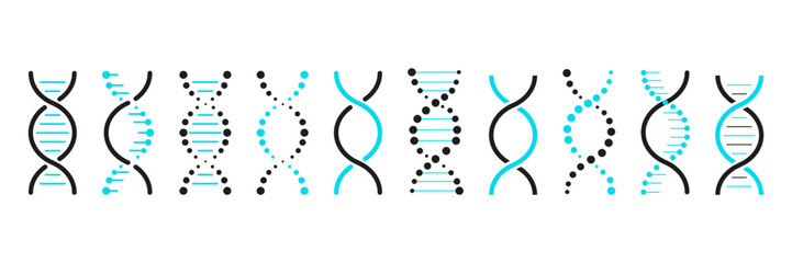 Set of DNA icons. Life gene model bio code genetics molecule medical symbols. Structure molecule, chromosome icon. Vector set of elements DNA