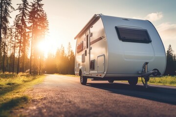 A close - up shot of a modern caravan parked, showcasing the freedom and adventure of travel. Generative AI