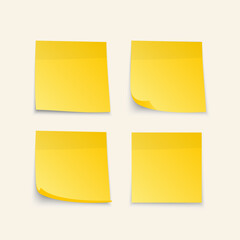 Set of yellow sheets of note papers. Collection of sticky notes with curl and shadow. Realistic paper stickers for your message. Vector illustration