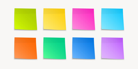 Collection of different colored sheets of note papers. Set of sheets of note papers. Collection of sticky notes with shadow. Realistic paper stickers for your message. Vector illustration