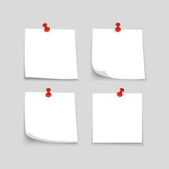 Collection of various white note papers. Collection of notes with curl and shadow, pinned red pushbuttons. Realistic paper stickers for your message. Vector illustration - obrazy, fototapety, plakaty