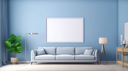 Living room interior in blue pastel color. Empty wooden picture frame mockup. Copy space. Modern design. Generative AI