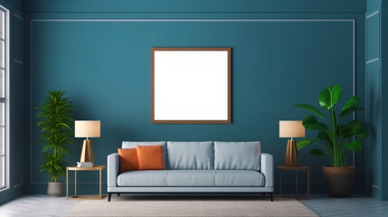 Living room interior in blue color. Empty wooden picture frame mockup. Copy space. Modern design. Generative AI