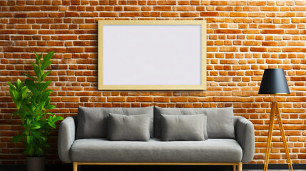 Living room interior with sofa and brick wall. Empty wooden picture frame mockup. Copy space. Modern design. Generative AI