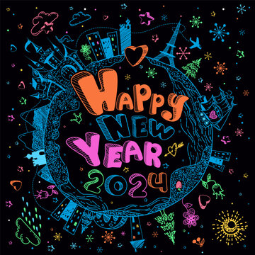 Happy New Year 2024. Multicolored hand drawn doodle Earth globe poster with castle, ship, cities, stars on black background. Cute childish cartoon illustration. Merry Christmas vector greeting card.