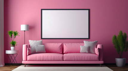 Living room interior in pink color. Empty wooden picture frame mockup. Copy space. Modern design. Generative AI