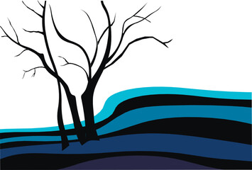 Dark blue landscape with a maple tree without leaves. Background landscape with a tree. Wavy lines