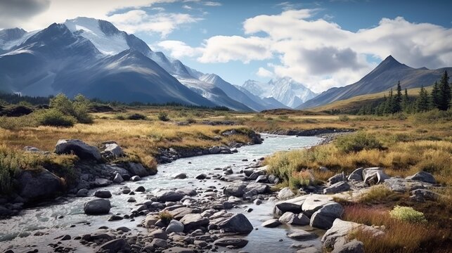 photos of rivers and mountains  use a high - quality Generative AI