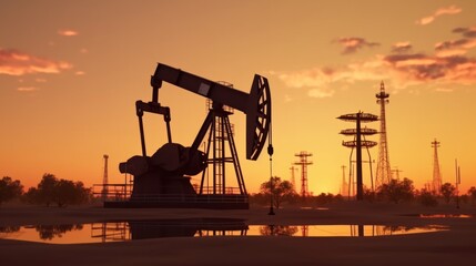 Crude oil pumpjack rig on the desert silhouette in evening sunset, industrial energy machine for petroleum gas production
