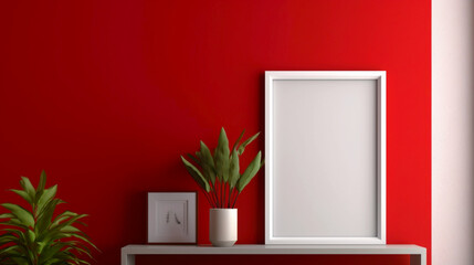 Empty picture frame, poster mockup. Red room interior. Generative AI