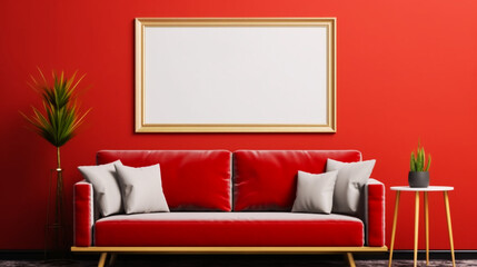 Living room interior in red color. Empty wooden picture frame mockup. Modern design. Generative AI