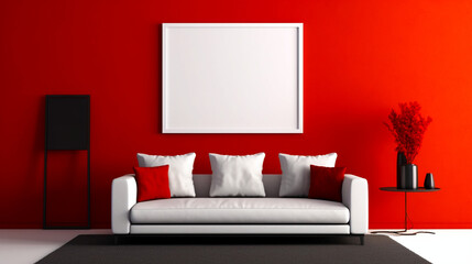 Living room interior in red color. Empty wooden picture frame mockup. Modern design. Generative AI