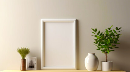 Fototapeta na wymiar Wooden picture empty frame, poster mockup. White room interior. Generative AI 