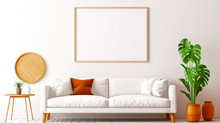Elegant boho living room interior with empty wooden picture frame mockup. Copy space. Generative AI