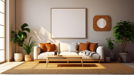  Elegant boho living room interior with empty wooden picture frame mockup. Copy space.  Generative AI