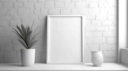 Empty picture frame, poster mockup. White room interior. Generative AI