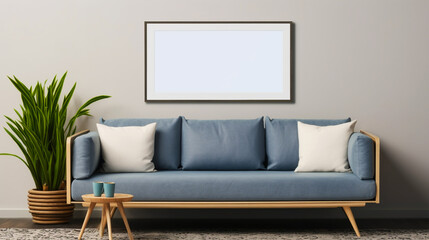 Living room interior with blue sofa and gray wall. Empty wooden picture frame mockup. Copy space. Modern design. Generative AI