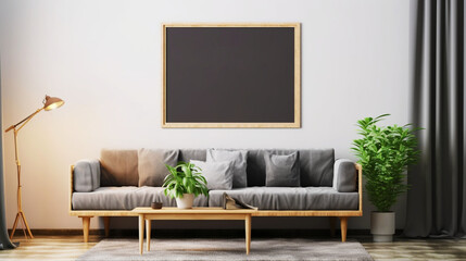 Living room interior in gray color. Empty wooden picture frame mockup. Copy space. Modern design. Generative AI