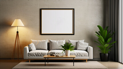 Fototapeta na wymiar Elegant boho living room interior with empty wooden picture frame mockup. Copy space. Generative AI