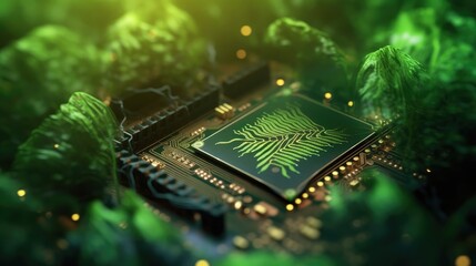 A digital representation of a marijuana leaf intricately designed on a circuit board background, blending nature and technology.