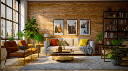 Elegant boho living room interior. Brick wall. Generative AI