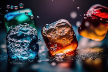 three ice cubes with glistening water droplets. Generative AI