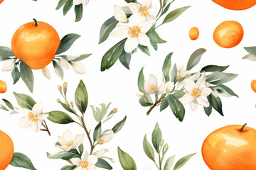 fresh seamless pattern  with collection oranges, orange blossoms and leaves in clipart watercolor design on white background © bmf-foto.de