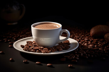 Obraz premium White ceramic mug and roasted coffee beans on a wooden base. Generative AI.