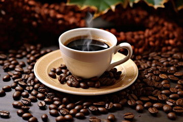 Fototapeta premium White ceramic mug and roasted coffee beans on a wooden base. Generative AI.